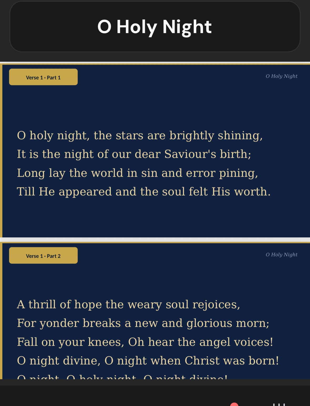 Lyrics viewer showing O Holy Night with player controls