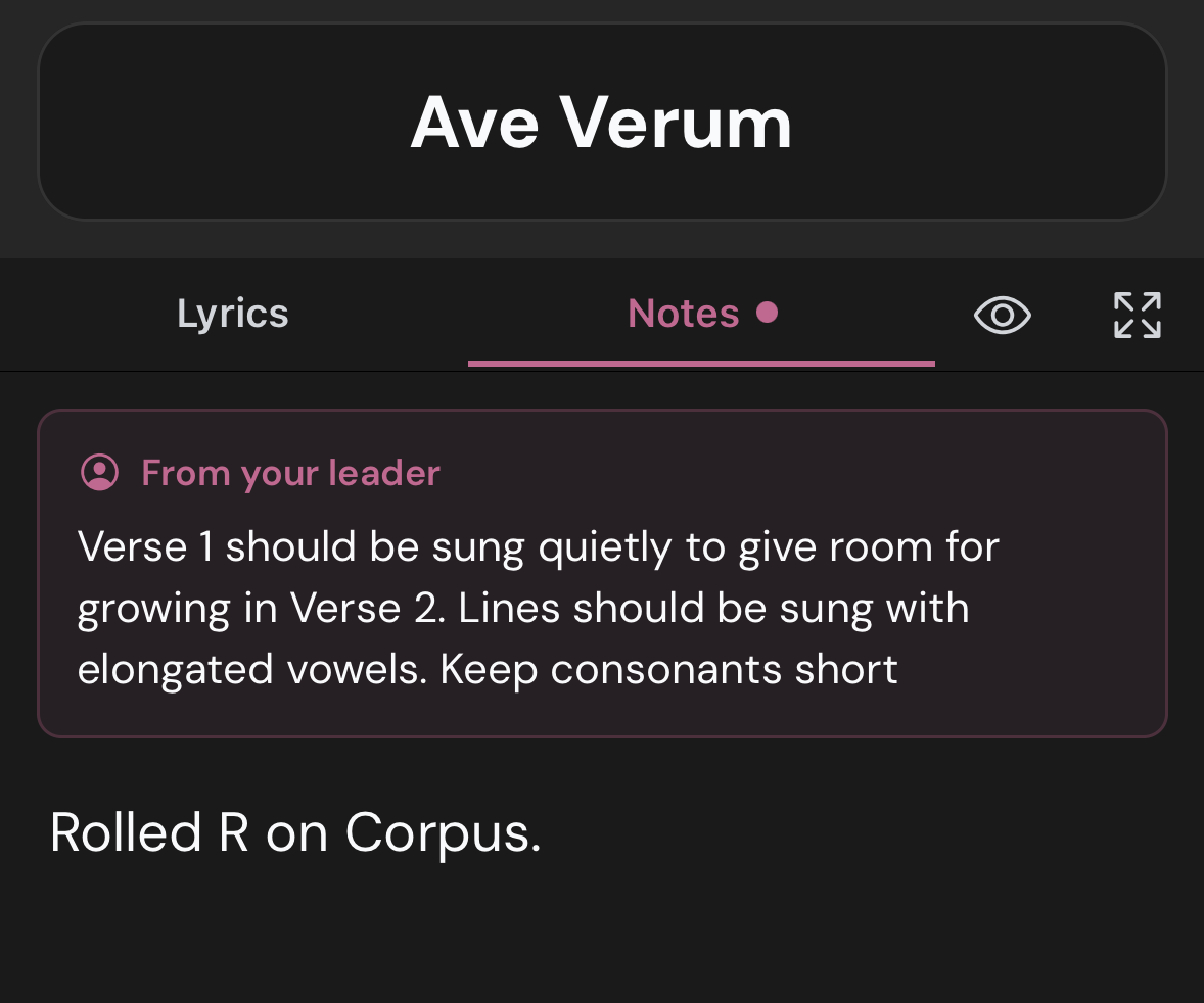 Song notes viewer showing leader notes and personal notes